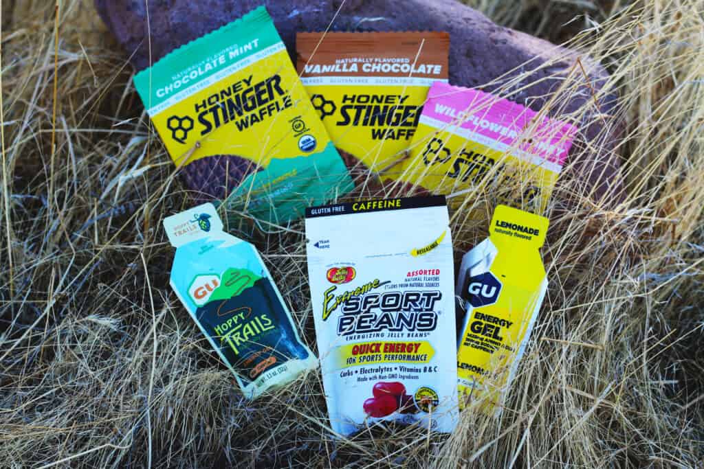 Trail Snacks arranged in a grassy field.